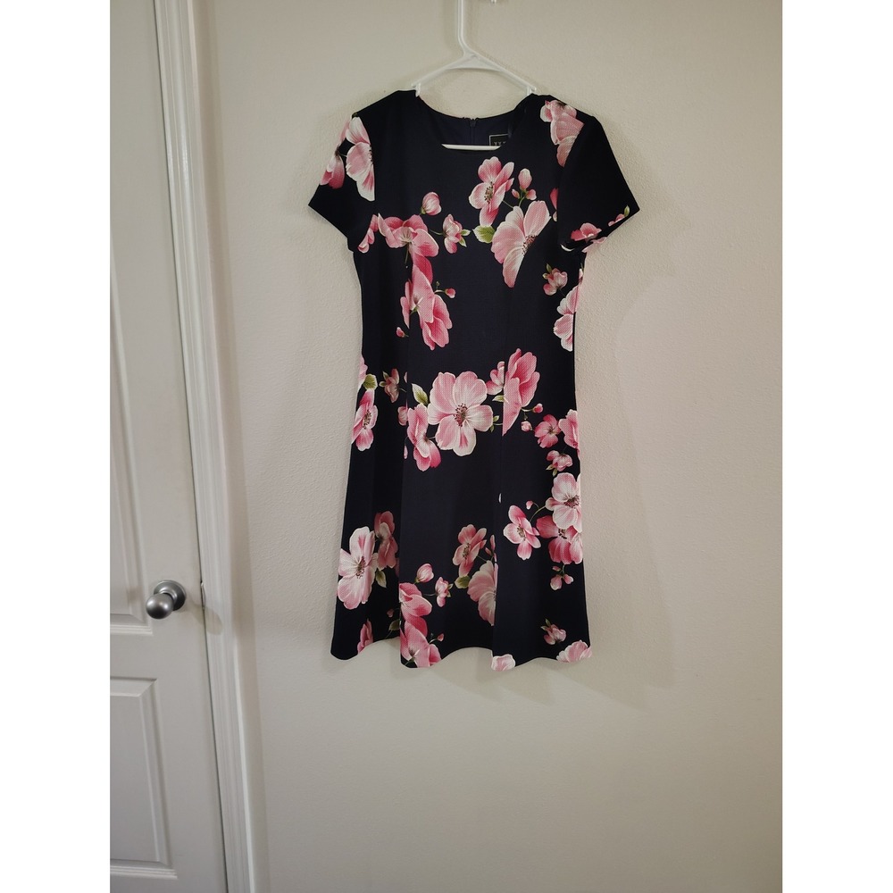 JH Jessica Howard Navy Blue Pink Floral Cherry Blossom Fit Flare Dress Womens 8